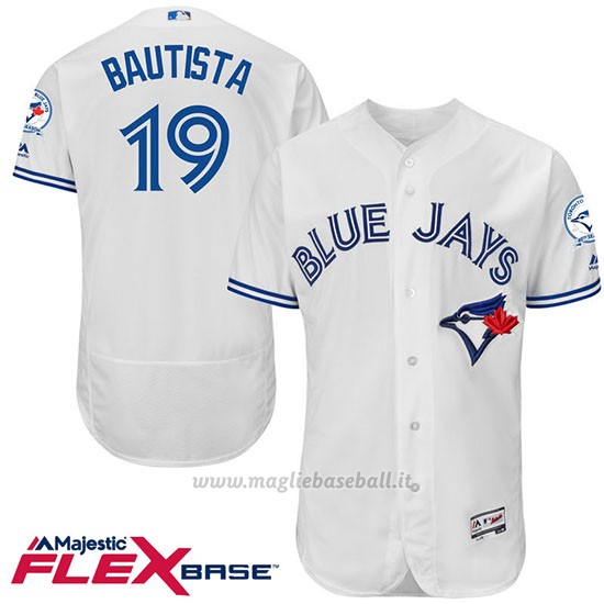 Maglia Baseball Uomo Toronto Blue Jays Jose Bautista 19 Bianco Flex Base Autentico Collezione 40 Anniversario